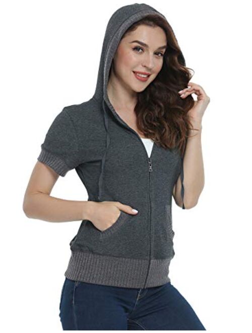 MISS MOLY Women's Short Sleeve Hoodie Full Zip Up Cotton Slim Fit Sweatshirt Kanga Pocket