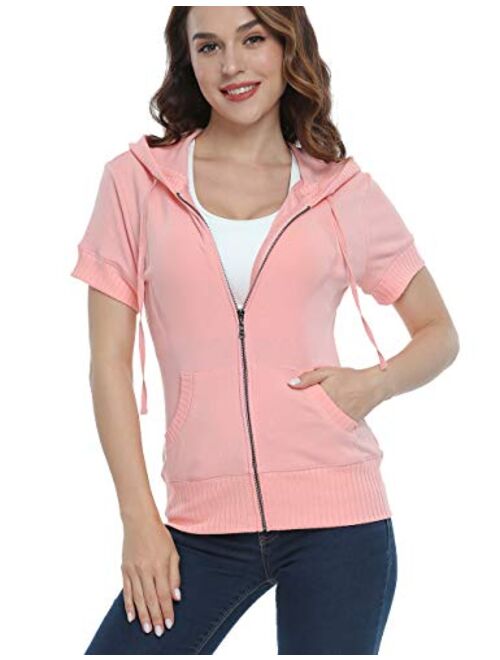 MISS MOLY Women's Short Sleeve Hoodie Full Zip Up Cotton Slim Fit Sweatshirt Kanga Pocket