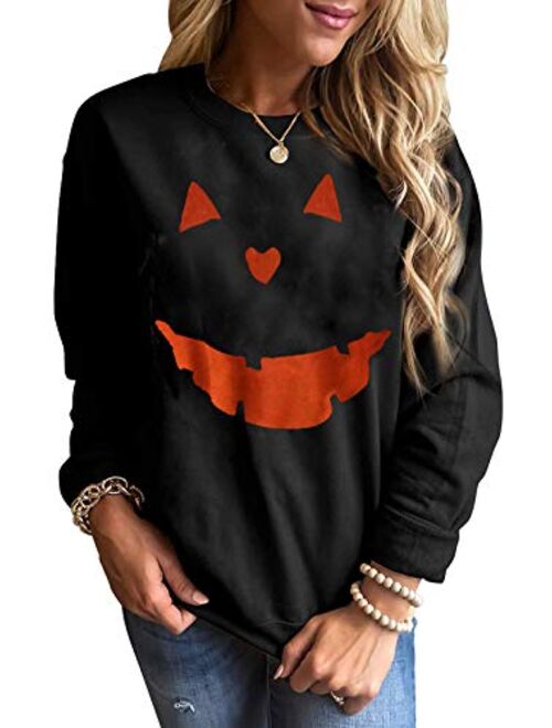 Women's Halloween Pumpkin Face Long Sleeve Sweatshirts Casual Pullover Tops