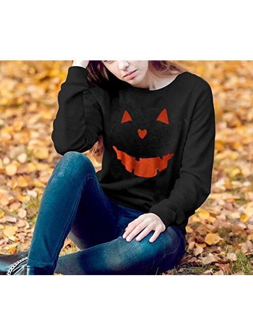 Women's Halloween Pumpkin Face Long Sleeve Sweatshirts Casual Pullover Tops