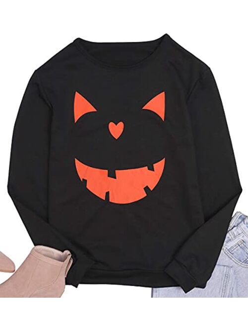 Women's Halloween Pumpkin Face Long Sleeve Sweatshirts Casual Pullover Tops