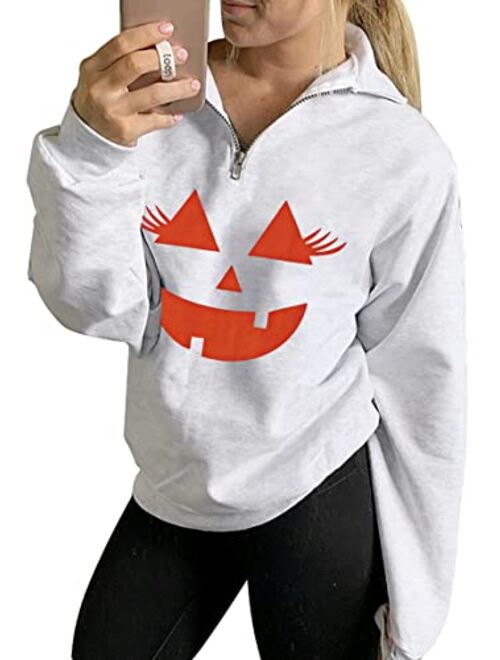 Women's Halloween Pumpkin Face Long Sleeve Sweatshirts Casual Pullover Tops