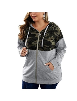 PALINDA Women's High Zipper Collar Long Sleeve Camouflage Hoodies Pullover Sweatshirt with Pocket