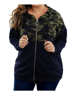 PALINDA Women's High Zipper Collar Long Sleeve Camouflage Hoodies Pullover Sweatshirt with Pocket