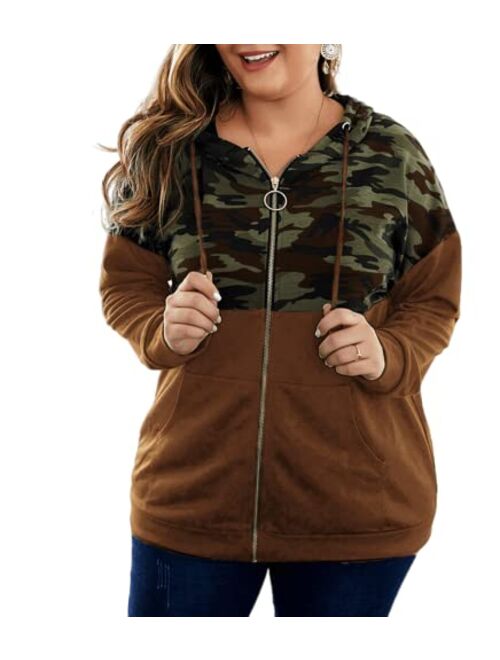 PALINDA Women's High Zipper Collar Long Sleeve Camouflage Hoodies Pullover Sweatshirt with Pocket