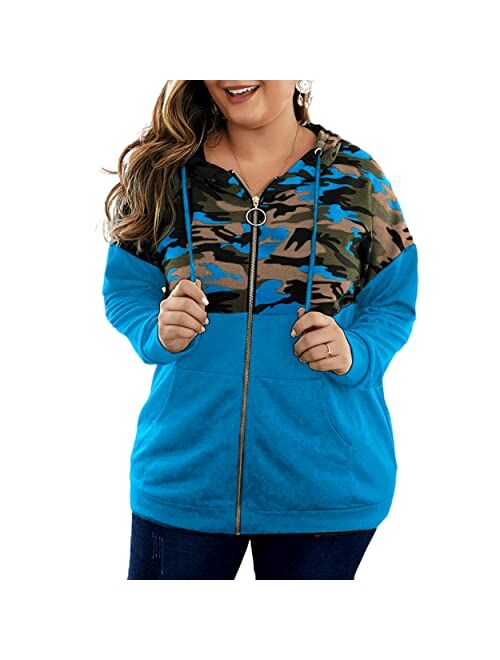 PALINDA Women's High Zipper Collar Long Sleeve Camouflage Hoodies Pullover Sweatshirt with Pocket