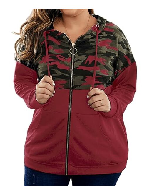 PALINDA Women's High Zipper Collar Long Sleeve Camouflage Hoodies Pullover Sweatshirt with Pocket