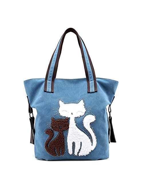 Hiigoo Lovely Canvas Cat Tote Bag Casual Handbag Shopping Bag Shoulder Bags Large Totes