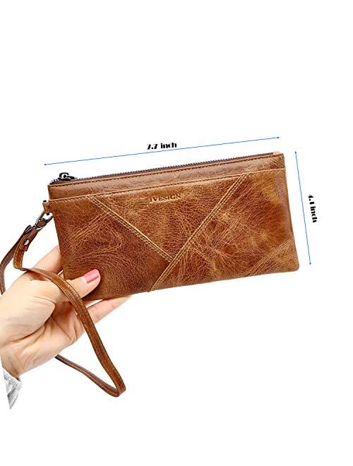 IVESIGN Womens Genuine Leather Wristlet Zipper Clutch Wallet RFID Blocking Credit Card Phone Holder Hand Purse Large Capacity