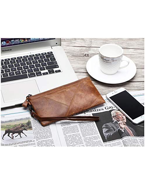 IVESIGN Womens Genuine Leather Wristlet Zipper Clutch Wallet RFID Blocking Credit Card Phone Holder Hand Purse Large Capacity