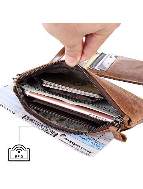 IVESIGN Womens Genuine Leather Wristlet Zipper Clutch Wallet RFID Blocking Credit Card Phone Holder Hand Purse Large Capacity