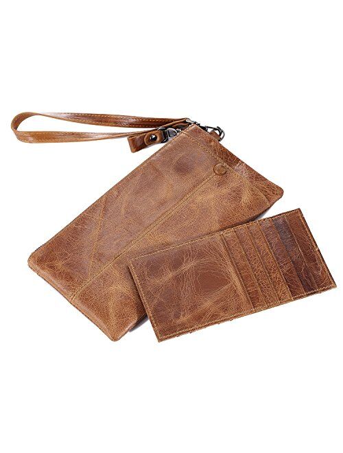 IVESIGN Womens Genuine Leather Wristlet Zipper Clutch Wallet RFID Blocking Credit Card Phone Holder Hand Purse Large Capacity