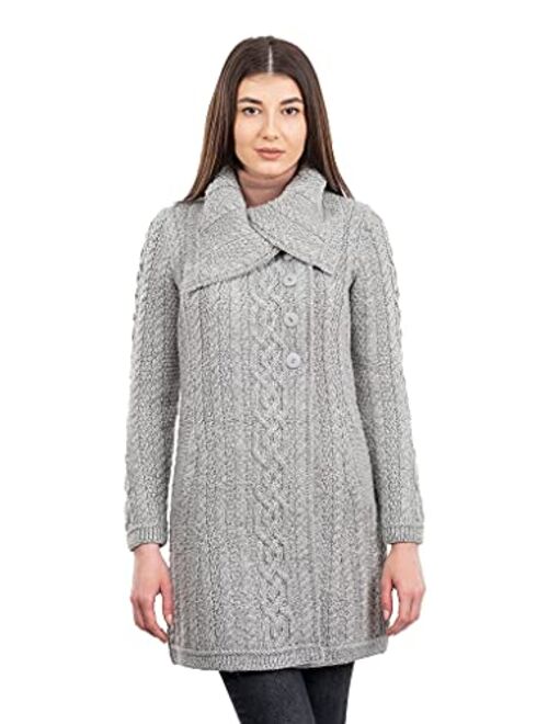 SAOL Ladies 3 Buttons Collar Irish Knitted Coat with Side Pockets in Grey/Navy