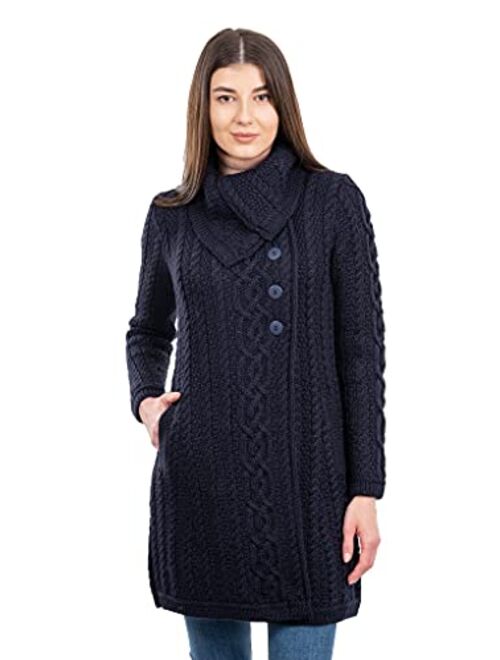 SAOL Ladies 3 Buttons Collar Irish Knitted Coat with Side Pockets in Grey/Navy