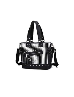 Women Fashion Rivet Handbag Purse Canvas Punk Tote with Shoulder Strap Crossbody Bag Large Capacity Black