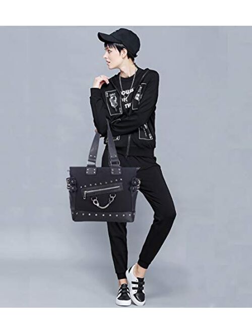 Women Fashion Rivet Handbag Purse Canvas Punk Tote with Shoulder Strap Crossbody Bag Large Capacity Black