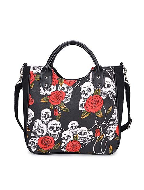 Women Fashion Rivet Handbag Purse Canvas Punk Tote with Shoulder Strap Crossbody Bag Large Capacity Black