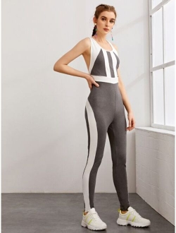 Crisscross Backless Colorblock Unitard Jumpsuit