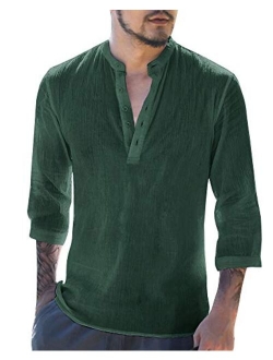 Makkrom Mens Linen 3/4 Sleeve Henley Shirts Cotton Loose Casual Summer Beach T Shirt Tops