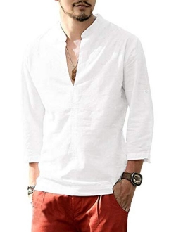 Makkrom Mens Linen 3/4 Sleeve Henley Shirts Cotton Loose Casual Summer Beach T Shirt Tops