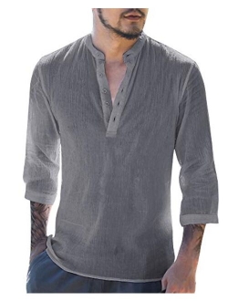 Makkrom Mens Linen 3/4 Sleeve Henley Shirts Cotton Loose Casual Summer Beach T Shirt Tops