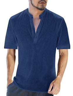 Makkrom Mens Linen 3/4 Sleeve Henley Shirts Cotton Loose Casual Summer Beach T Shirt Tops