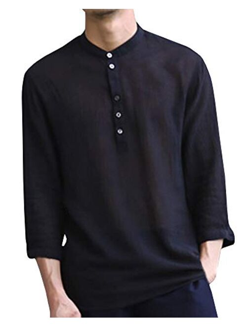 Makkrom Mens Linen 3/4 Sleeve Henley Shirts Cotton Loose Casual Summer Beach T Shirt Tops