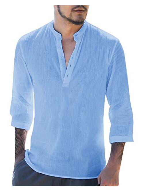 Makkrom Mens Linen 3/4 Sleeve Henley Shirts Cotton Loose Casual Summer Beach T Shirt Tops