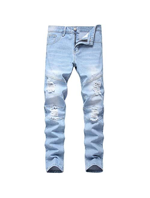 LZLER Mens Ripped Jeans,Distressed Destroyed Slim Fit Straight Leg Denim Pant with Holes