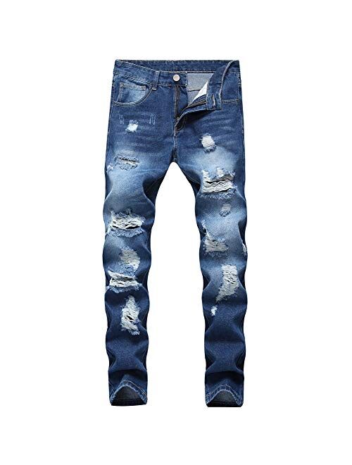 LZLER Mens Ripped Jeans,Distressed Destroyed Slim Fit Straight Leg Denim Pant with Holes