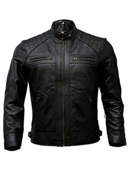 Mens Genuine Leather Biker Jacket Black | Vintage Brown Distressed Lambskin Motorcycle Jackets for Men