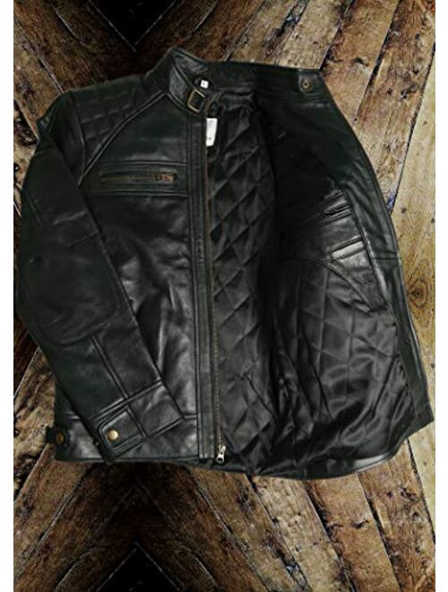 Mens Genuine Leather Biker Jacket Black | Vintage Brown Distressed Lambskin Motorcycle Jackets for Men