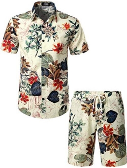 JOGAL Men's Flower Casual Button Down Short Sleeve Hawaiian Shirt Suits