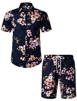 JOGAL Men's Flower Casual Button Down Short Sleeve Hawaiian Shirt Suits