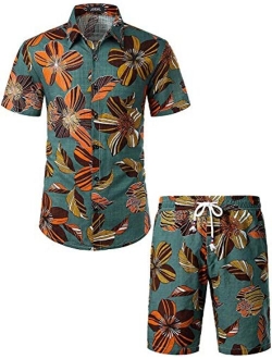 JOGAL Men's Flower Casual Button Down Short Sleeve Hawaiian Shirt Suits