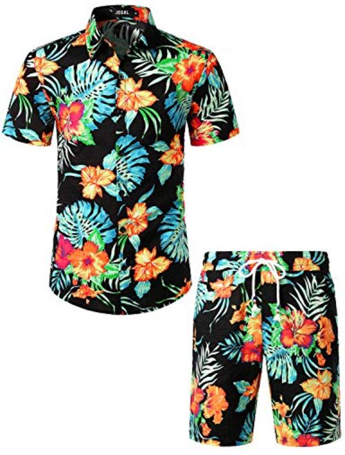 JOGAL Men's Flower Casual Button Down Short Sleeve Hawaiian Shirt Suits