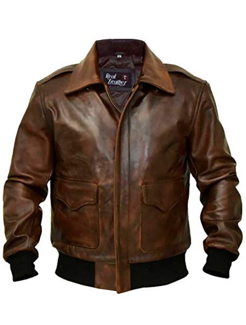 Men's RAF Bomber A-2 Aviator WWII Pilot Police Military Real Leather Jacket (Brown - A2 Aviator Jacket, 3XL/Body Chest 48" to 50")