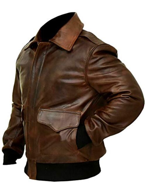 Men's RAF Bomber A-2 Aviator WWII Pilot Police Military Real Leather Jacket (Brown - A2 Aviator Jacket, 3XL/Body Chest 48" to 50")