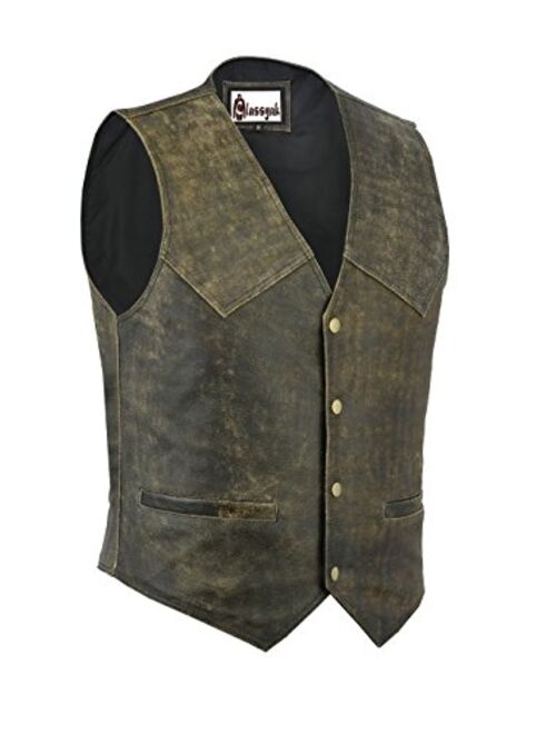 Classyak Men's Fashion Distressed Real Leather Biker Vest