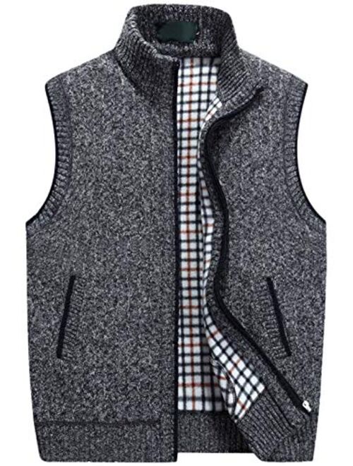 chouyatou Men's Gentle Band Collar Zipper Slim Sleeveless Cable Knitted Cardigan Vests Sweater