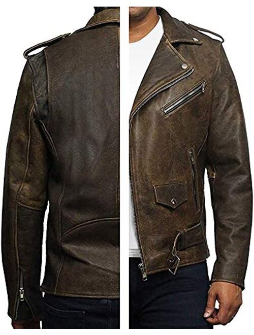 BRANDSLOCK Mens Genuine Leather Biker Jacket Cowhide Brando Rustic