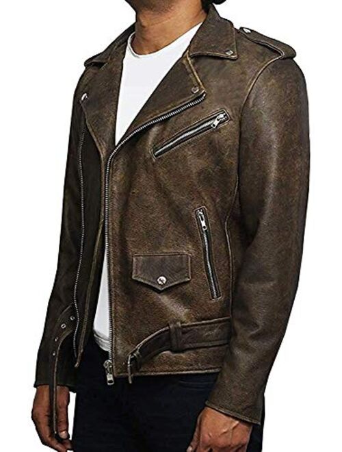 BRANDSLOCK Mens Genuine Leather Biker Jacket Cowhide Brando Rustic