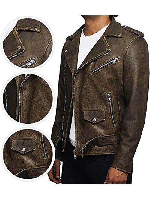 BRANDSLOCK Mens Genuine Leather Biker Jacket Cowhide Brando Rustic