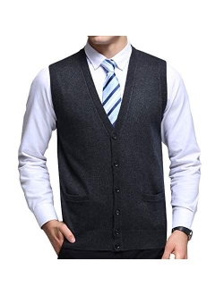 Flygo Men's Basic V-Neck Wool Sweater Vest Knitwear with Button Front Pockets