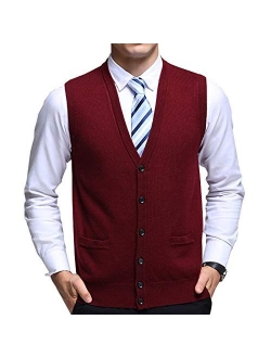 Flygo Men's Basic V-Neck Wool Sweater Vest Knitwear with Button Front Pockets