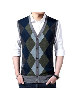 Flygo Men's Basic V-Neck Wool Sweater Vest Knitwear with Button Front Pockets