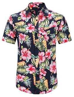 PEGENO Men's Flower Casual Button Down Short Sleeve Hawaiian Shirt