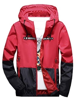 Rexcyril Men's Windbreaker Hooded Jacket Lightweight Casual Zip-up Bomber Coat Letter Outwear