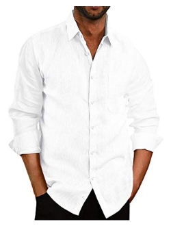 Pengfei Mens Short Sleeve Shirts Linen Cotton Button Down Tees Spread Collar Plain Shirts