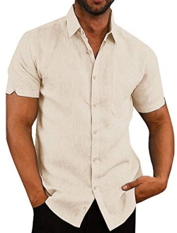 Pengfei Mens Short Sleeve Shirts Linen Cotton Button Down Tees Spread Collar Plain Shirts